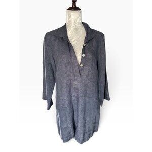 Paperwhite 100% Linen 3/4 Sleeve Tunic Dress in blue / gray
